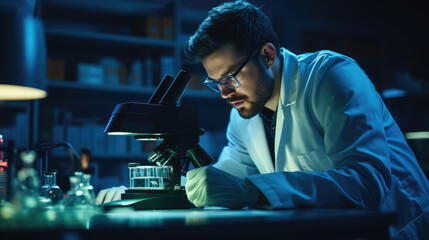 laboratory assistant looks into a microscope, test, research, scientist, doctor, infection, microbiology, virus, hospital, white coat, science, medicine, chemist, student, professor, institute, health
