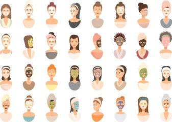 Face mask spa icons set cartoon vector. Facial sheet. Spa pack