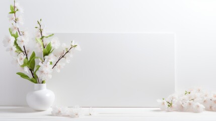 White vase with spring flowers on white table. Copy space