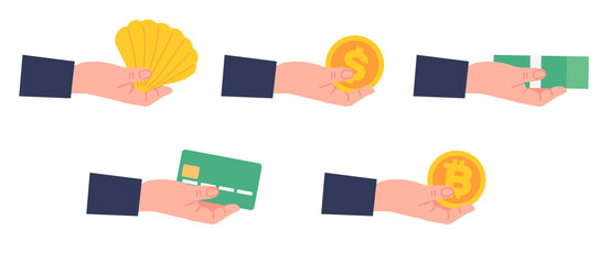 Evolution of money. Payment methods from barter trade to cryptocurrency. Dollar banknotes. Gold coins. Credit card. People holding cash for paying. Financial transaction. Vector concept