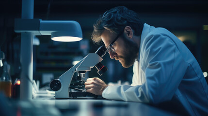 laboratory assistant looks into a microscope, test, research, scientist, doctor, infection, microbiology, virus, hospital, white coat, science, medicine, chemist, student, professor, institute, health - obrazy, fototapety, plakaty