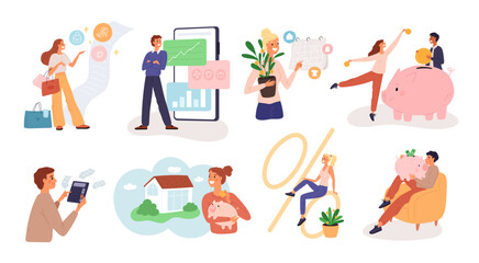 Financial literacy and management. People planning budget income. Proper money distribution. Persons invest in various life spheres. Piggy bank. Mortgage payment. Garish vector set © VectorBum