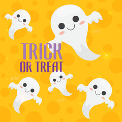 Naklejka premium Halloween cat with hat and ghosts vector illustration social media template