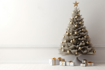 Christmas tree with golden baubles on white background. Copy space. Banner. Xmas greeting card. Generative AI.