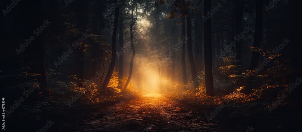 Poster autumn forest road illuminated by gentle light with copyspace for text