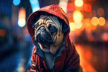 Fototapeta na wymiar Sad pug dog as a man under rain walking by evening city street. Dressed in red slicker.