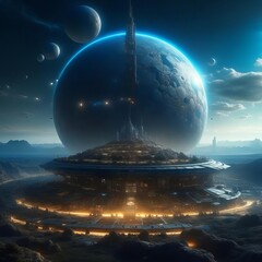 An alien city against the backdrop of an exoplanet.