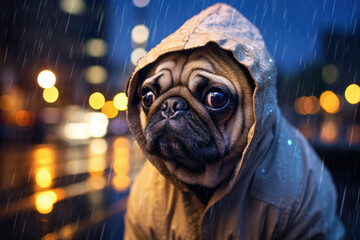 Sad pug dog as a man under rain walking by evening city street