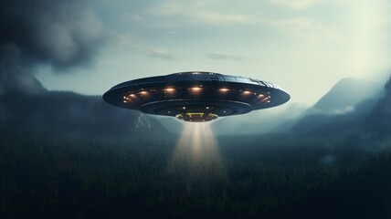 Obraz premium Alien spaceship shift floating sky photography picture Ai generated art