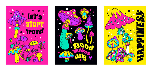 Hippie mushroom posters. Magic acid fungi. Psychedelic colorful objects. Bright fantasy plants. Groovy vintage element. Hallucination fungus. Inspirational lettering. Garish vector set
