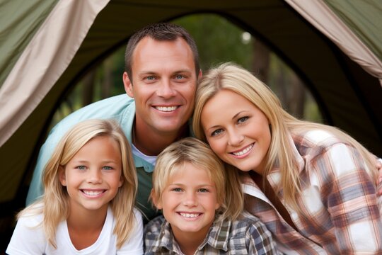 father, mother, and 2 children posing for photo on holiday campe