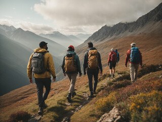 A diverse group of friends hiking in the mountains - obrazy, fototapety, plakaty
