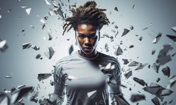 Concept of art, creativity, sport, energy and power. African female soccer, football player.