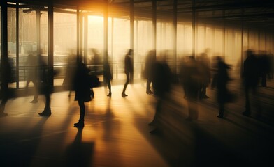 Blurred silhouettes of people moving in crowded night city street