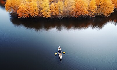 Person rowing on a calm lake in autumn