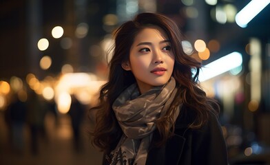 Fototapeta premium pretty asian women walk through downtown at night with blur background