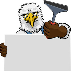 An eagle window cleaner or car wash cleaning cartoon mascot man holding a squeegee washing tool