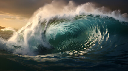 Fototapeta premium Image of a large wave forming a tube, forming in the open sea.