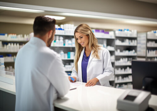pharmacist sells medicine to a patient in a pharmacy, health, medicine, clinic employee in white coat, client, buyer, specialist, hospital, prescription, pharmaceutical company, drugstore, apothecary