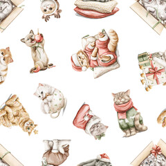 Seamless pattern with vintage variety set of funny cute animals cats kittens in Christmas clothes isolated on white background. Watercolor hand drawn illustration sketch