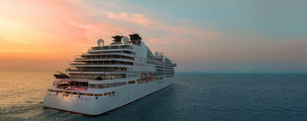 Cruise Ship, Cruise Liners beautiful white cruise ship above luxury cruise in the ocean sea at...