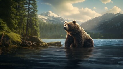 Beautiful bear is sitting by the river forest image Ai generated art - obrazy, fototapety, plakaty