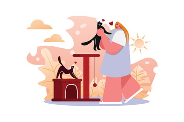 Pets and body positive concept with people scene in the flat cartoon design. The girl plays with her favorite cats and spends a pleasant time. Vector illustration.
