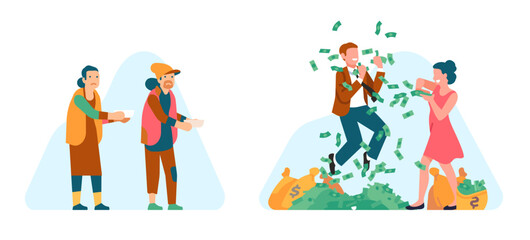 Money inequality between sad poor beggars and happy successful millionaires. Wealthy people with cash banknotes heap. Homeless man and woman asking alms. Business bankrupt. Vector concept