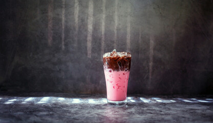 Cold drink menu of smoothly mixed cocoa chocolate Strawberry drinks in ice glasses.cocoa pink milk...