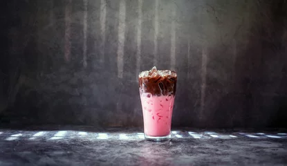 Foto op Canvas Cold drink menu of smoothly mixed cocoa chocolate Strawberry drinks in ice glasses.cocoa pink milk drink menu © NARONG