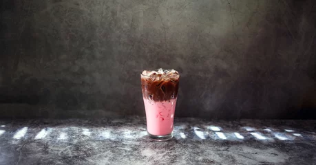 Küchenrückwand glas motiv Cold drink menu of smoothly mixed cocoa chocolate Strawberry drinks in ice glasses.cocoa pink milk drink menu © NARONG