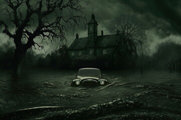 A flooded town caught in a torrential downpour and mudslides. 