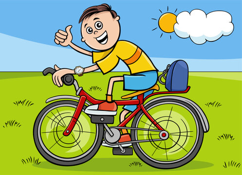happy cartoon boy character riding a bicycle outdoor