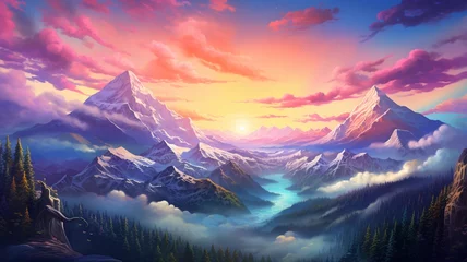 Fototapeten Beautiful colorful mountain landscape sky painting wall picture Ai generated art © Manik007