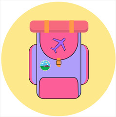 Rucksack, travel backpack. Packed tourists bag for trekking, hiking. Touristic luggage, haversack with sticker, badge. Flat vector illustration