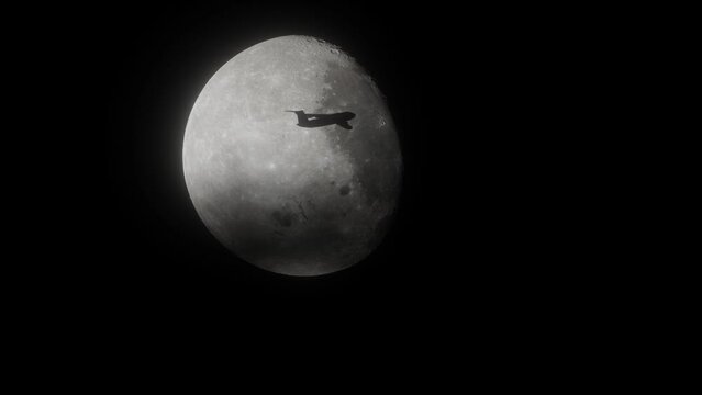 Big airplane flying over bright moon, close up of full moon with black sky background at night, clouds moving and moon light shining, RENDER 4k slow motion.
