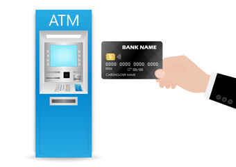 Hand Holding Credit Card, ATM Card or Debit Card with ATM- Automated Teller Machine. Paying, Withdrawing or Transferring Money Concept. Vector Illustration. 