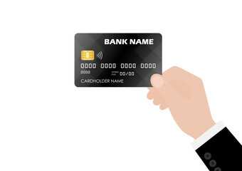 Credit or Debit Card. Businessman's Hand Holding Credit or Debit Card. Hand Showing Credit Card. Vector Illustration Isolated on White Background. 