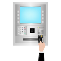 Hand Inserting Credit Card, ATM Card or Debit Card into ATM Machine to Withdraw or Transfer Money. Vector Illustration. 