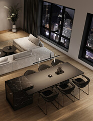 Modern minimalism interior livingroom with large modular sofa, night city view and marble kitchen island. 3d rendering. High quality 3d illustration