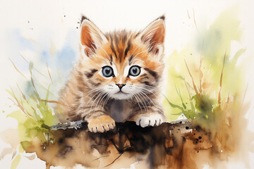 Obraz premium Watercolor paint cute cat. Happy cat.