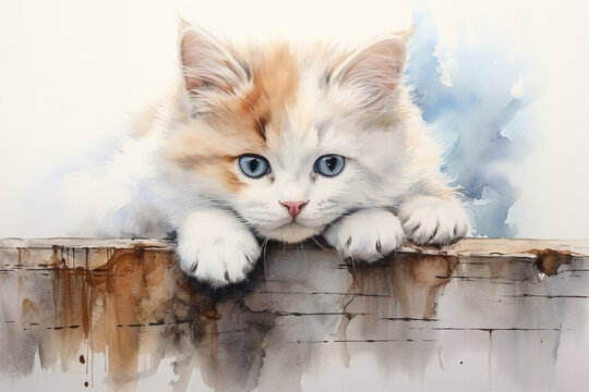 Watercolor paint cute cat. Happy cat.