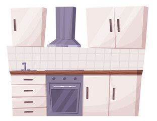 Kitchen room furniture cartoon vector interior illustration. Fridge, table and modern cooking equipment set for living in house. Vector illustration EPS10