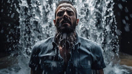 man, upper body, facing viewer, replace hair with water splashing on shoulders, wearing wet fabric, head under waterfall - obrazy, fototapety, plakaty