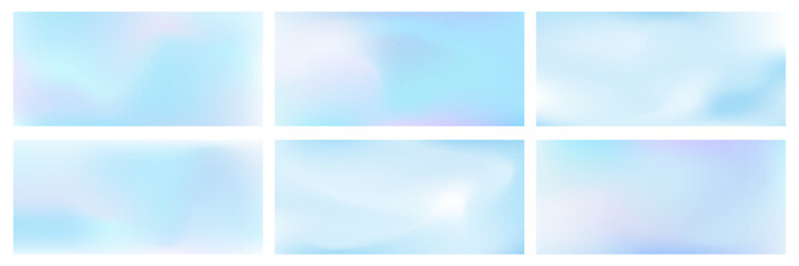 Soft blue color gradient background set with dust noise texture. Winter banner with blurred effect and fluid gradation. Trendy bright vector illustration.