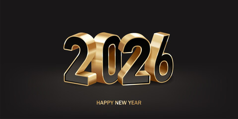Happy new year 2026. Holiday greeting card design. Celebration background. 3D Shiny gold and black numbers, isolated on dark background.
