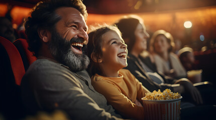 Obraz premium Father and daughter laughing together at a theatre movie or show while eating popcorn