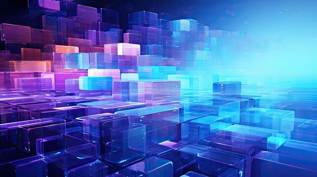 Purple and light Blue Glitch Art Backdrop - Background with streight lines, sharp edges and blocks - digital technology illustration element - generative ai