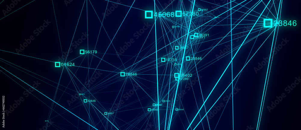 Fototapete Block chain technology concept. Big data visualization. Artificial intelligence. Blue network connection structure. Abstract digital background with matrix. 3d rendering.