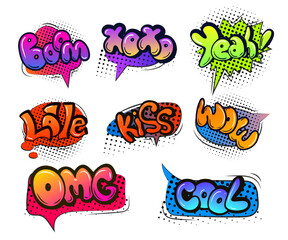 Comic speech bubbles set with different emotions and text. comic bubble speech clouds. Cartoon boom, love,xoxo, omg, cool, wow, yeah, kiss, cool comic sign vector set